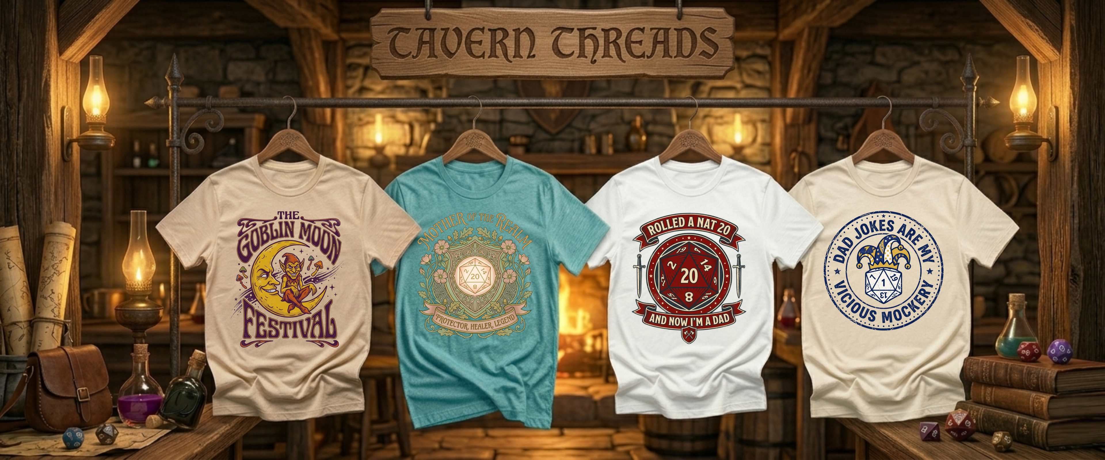 Four t-shirts hanging in a rustic tavern setting with 'Cavern Threads' branding.