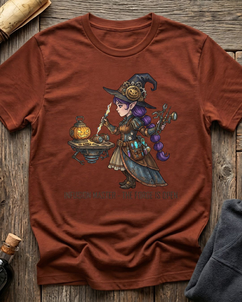 Heather Clay t-shirt featuring the Infusion Master design with Sprocket the gnome