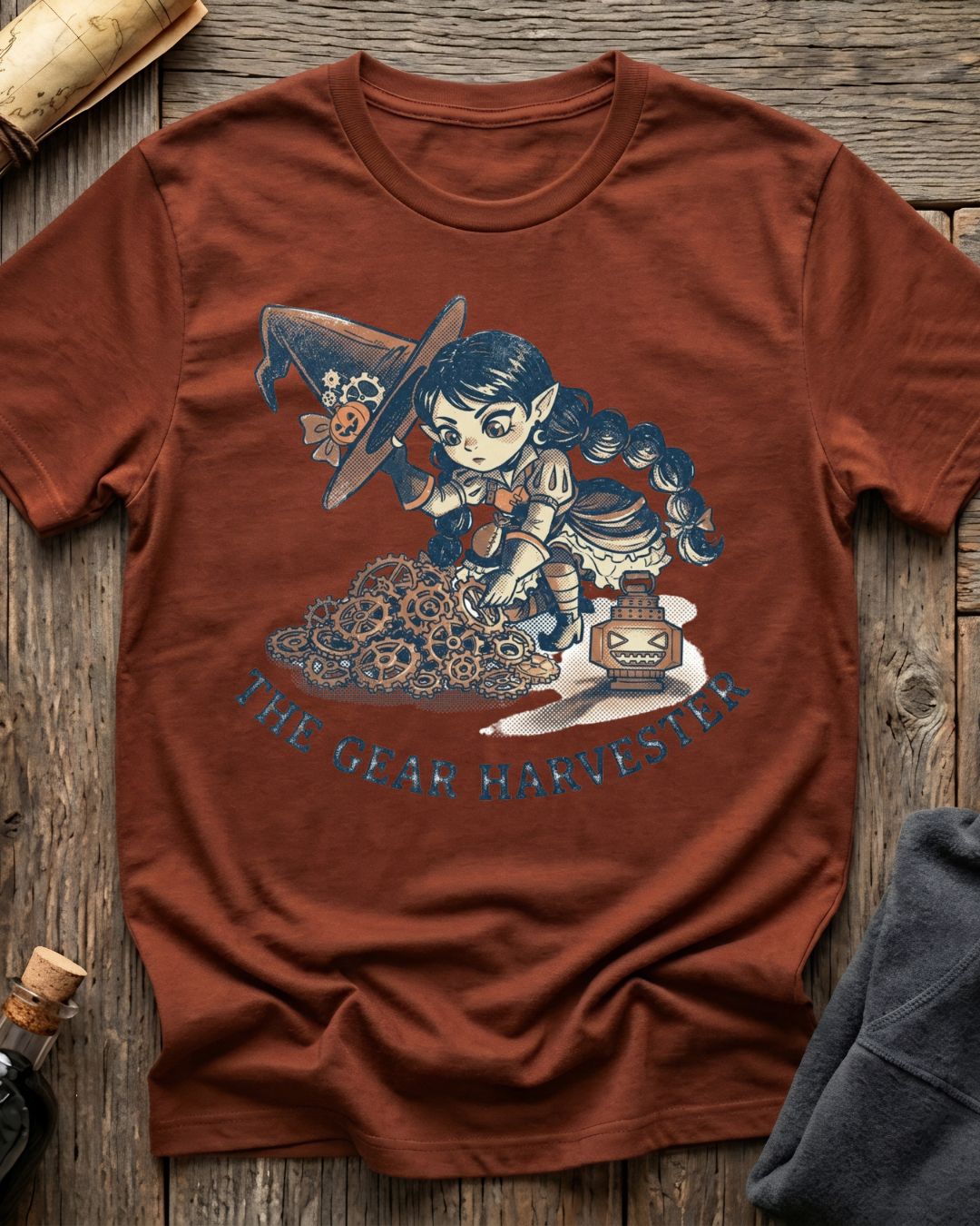 Heather Clay t-shirt featuring the Great Harvester design with Sprocket the gnome
