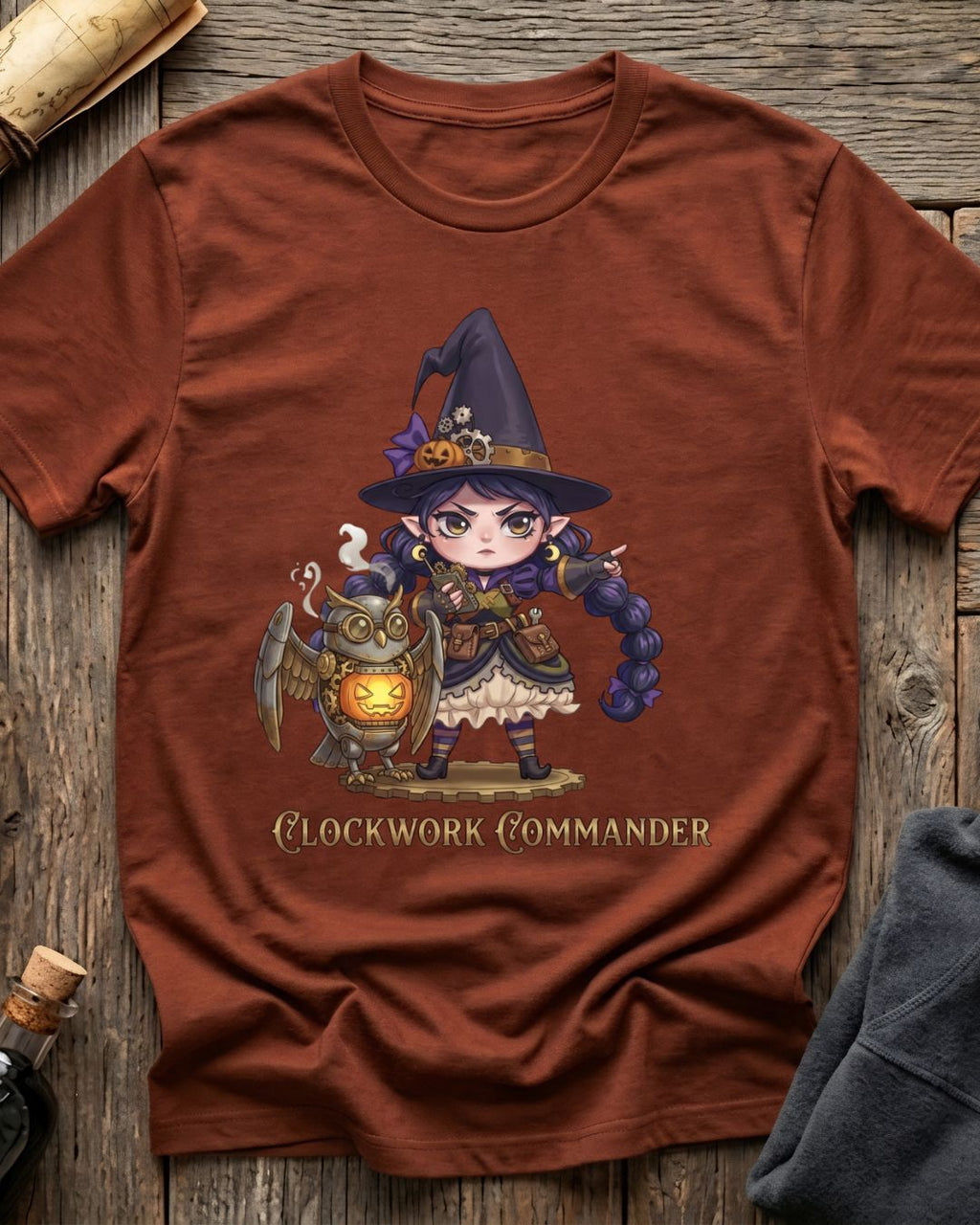 Heather Clay t-shirt featuring the Clockwork Commander design with Sprocket the gnome