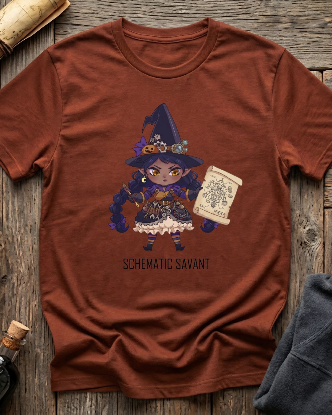 Heather Clay t-shirt featuring the Schematic Savant blueprint design with Sprocket the gnome
