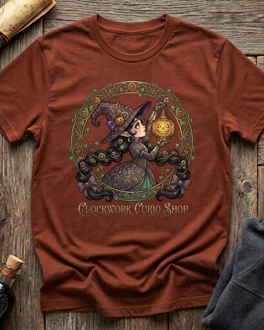 Heather Clay t-shirt featuring the Clockwork Curio design with Sprocket the gnome