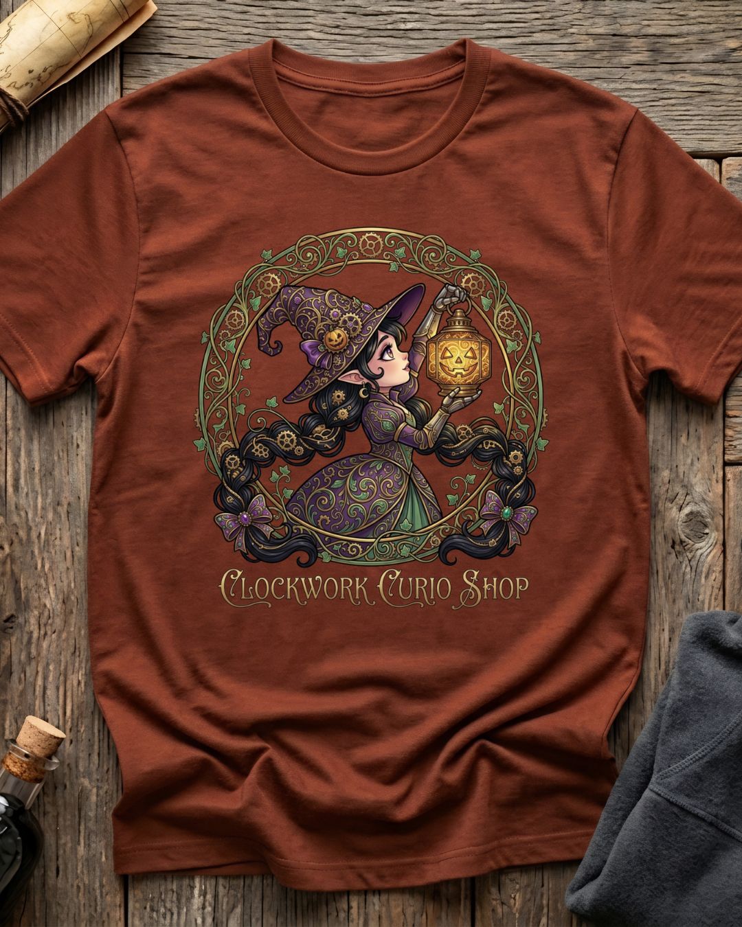 Heather Clay t-shirt featuring the Clockwork Curio design with Sprocket the gnome