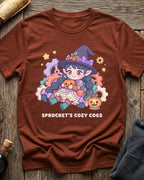 Heather Clay t-shirt featuring Sprocket's Cozy Cogs gnome tinkerer design