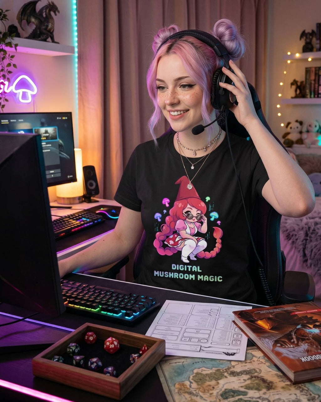 Digital Mushroom Magic D&D t-shirt worn as a lifestyle look — Gnomies TTRPG apparel