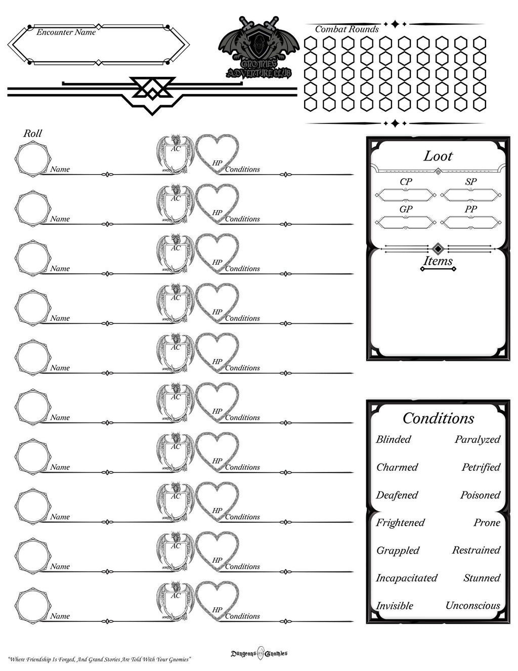 Gnomies Adventure Club Initiative Tracker — Printable PDF