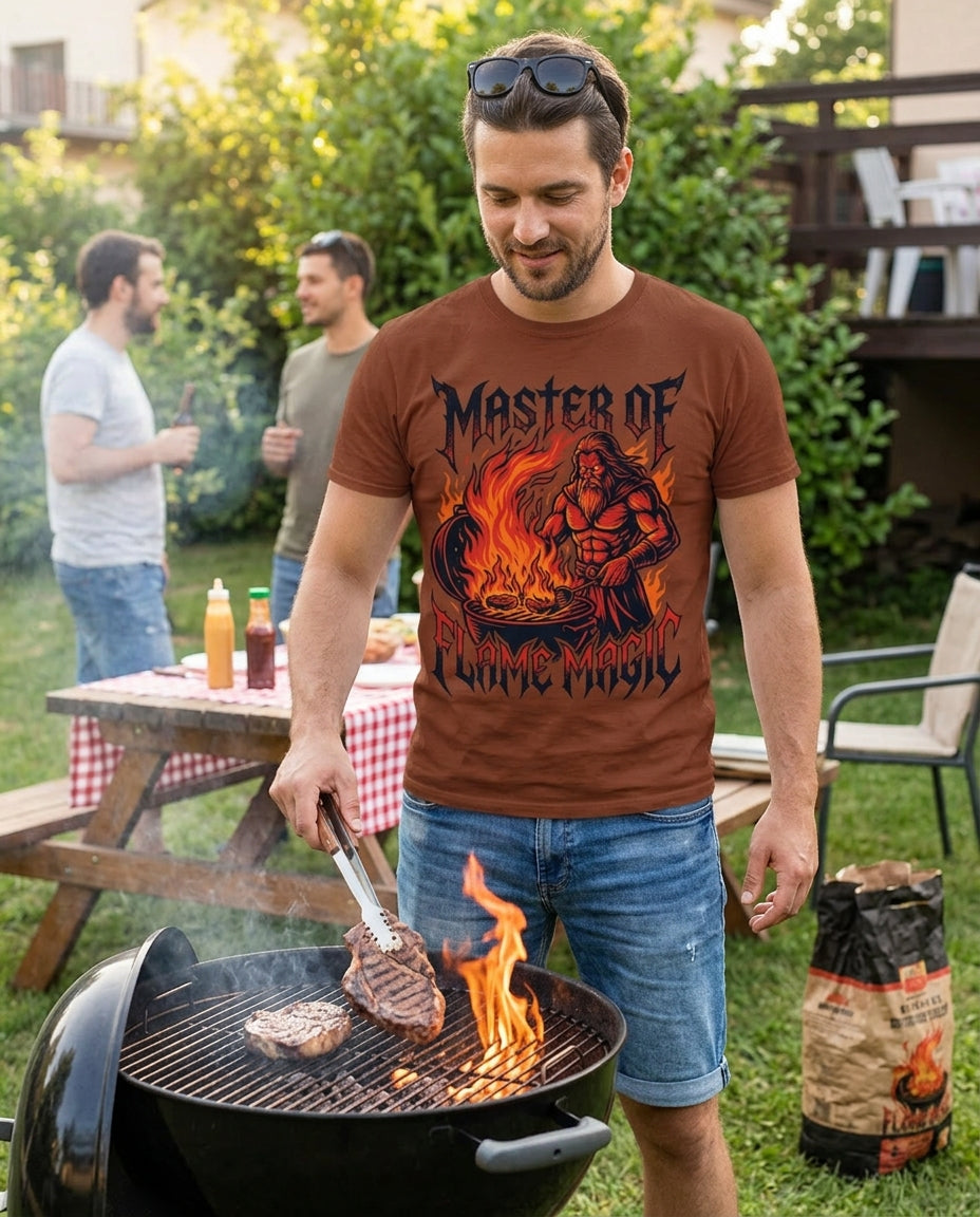 Man grilling outdoors wearing a 'Master of Flame Magic' t-shirt