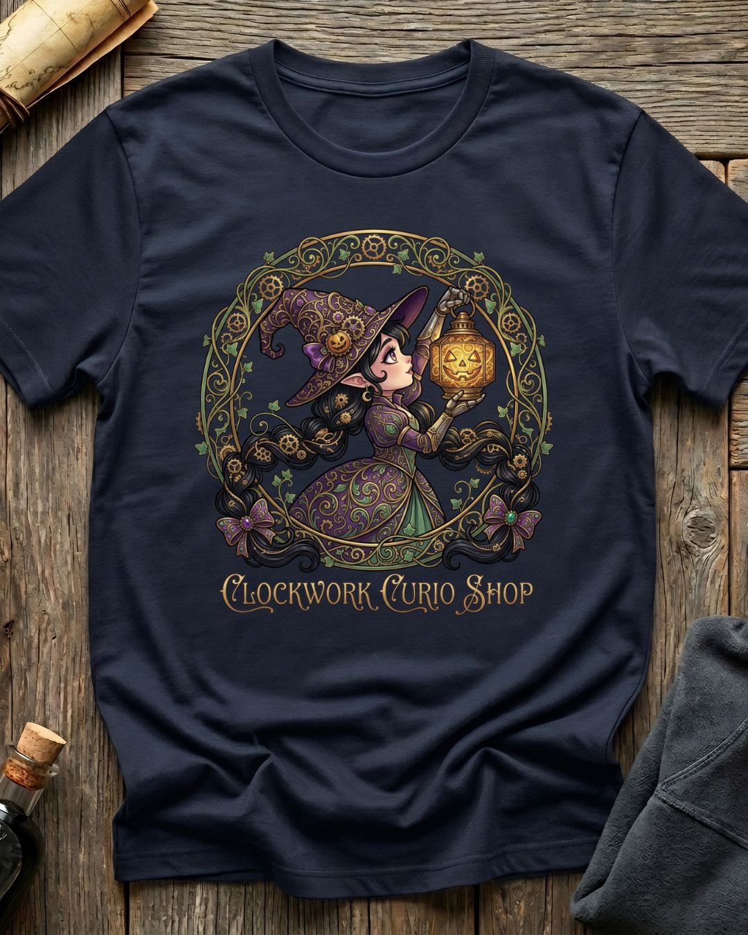 Navy t-shirt featuring the Clockwork Curio design with Sprocket the gnome