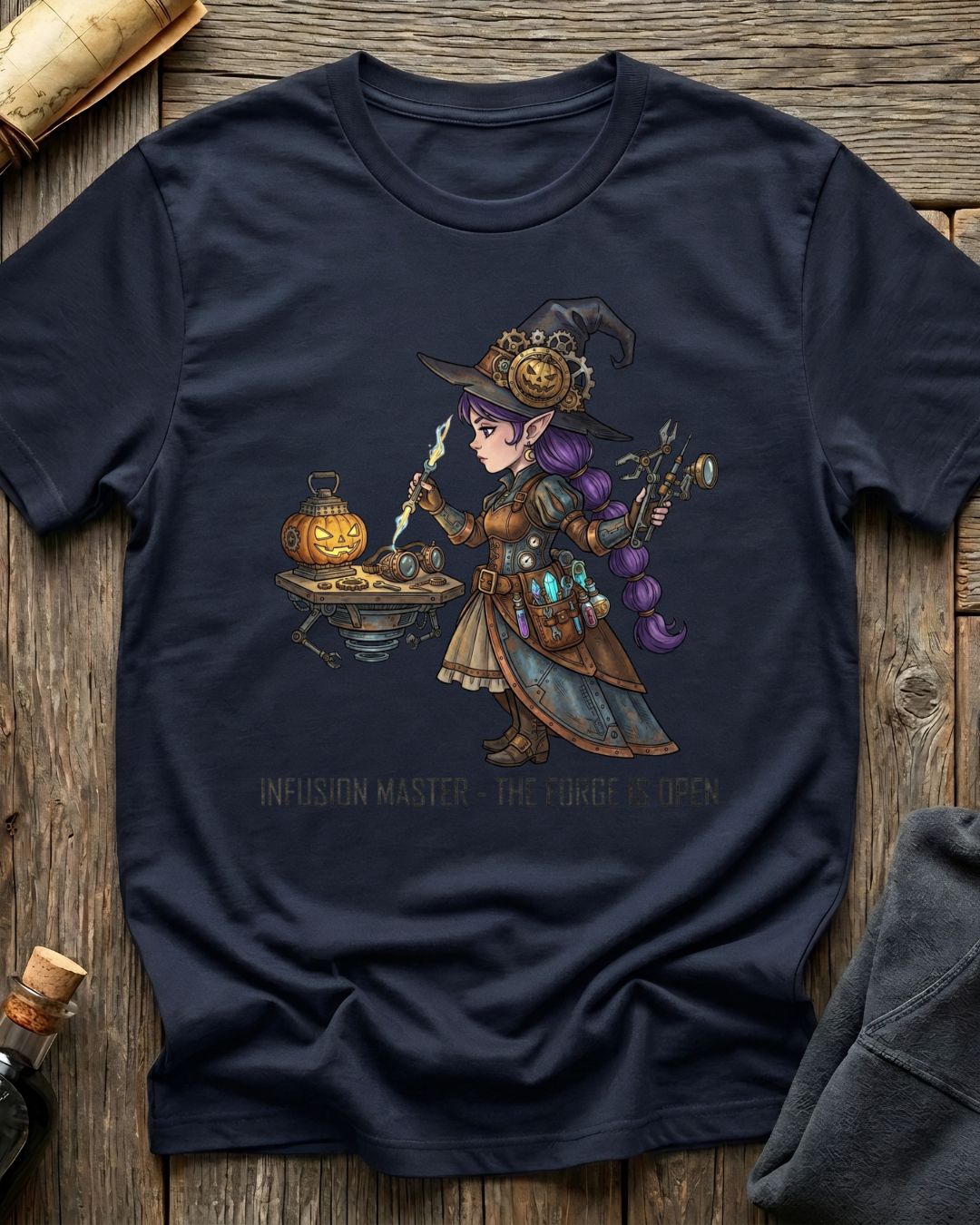 Navy t-shirt featuring the Infusion Master design with Sprocket the gnome
