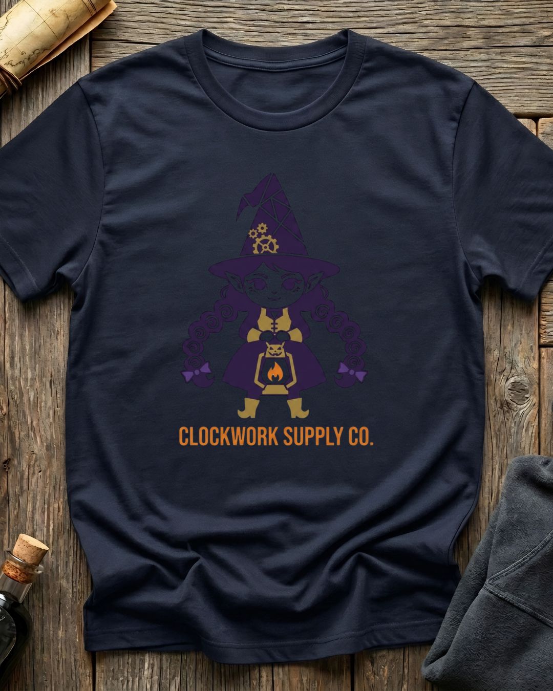 Navy t-shirt featuring the Clockwork Supply Co. design with Sprocket the gnome