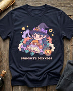 Navy t-shirt featuring Sprocket's Cozy Cogs gnome tinkerer design