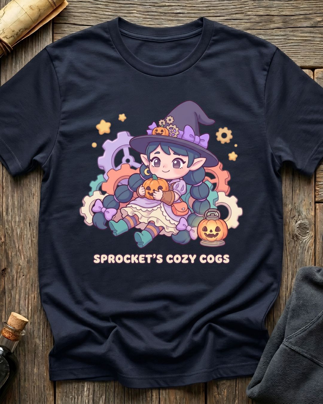 Navy t-shirt featuring Sprocket's Cozy Cogs gnome tinkerer design