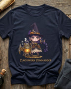 Navy t-shirt featuring the Clockwork Commander design with Sprocket the gnome