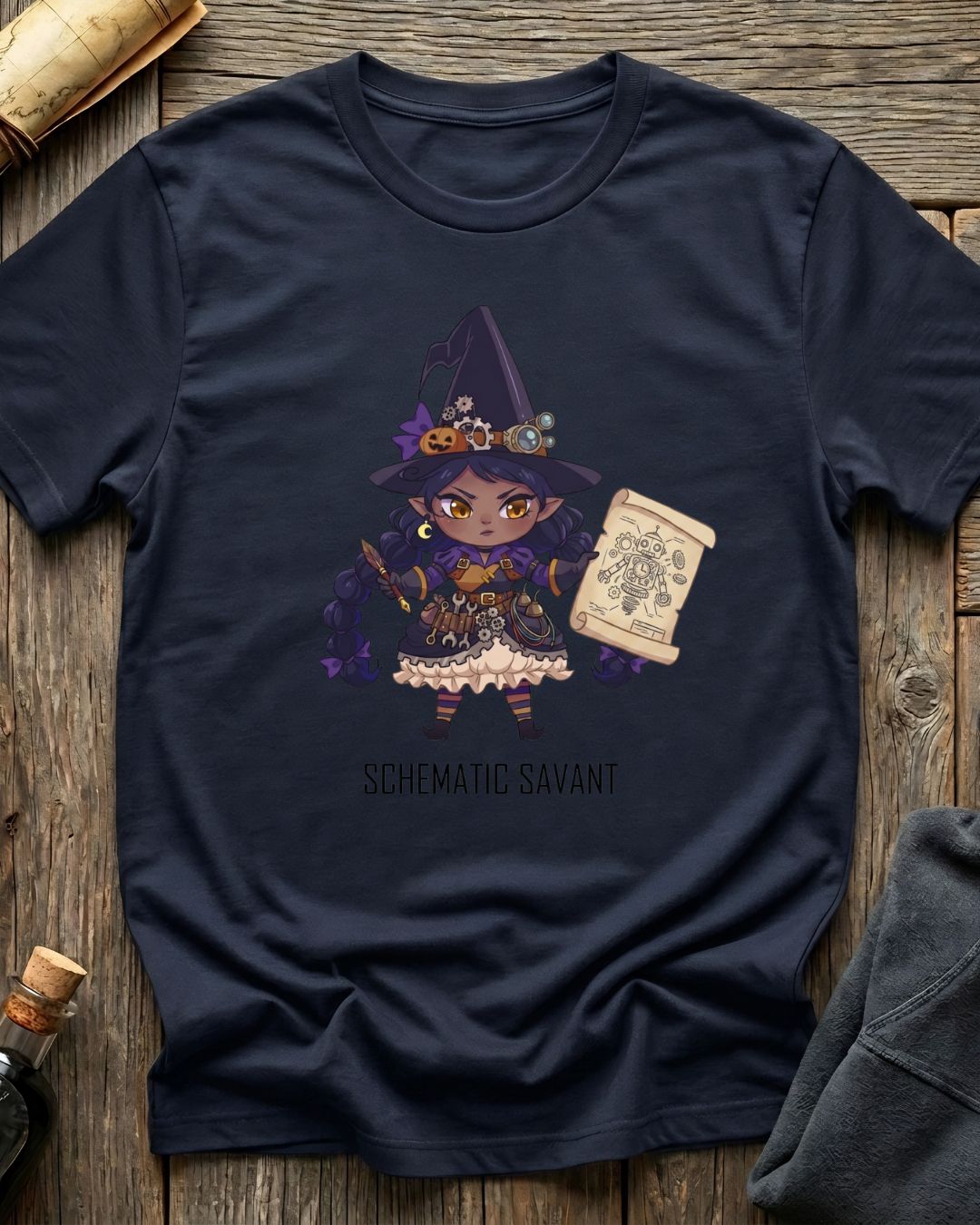 Navy t-shirt featuring the Schematic Savant blueprint design with Sprocket the gnome