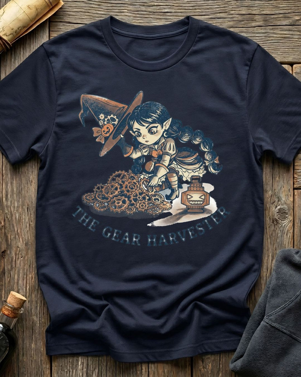 Navy t-shirt featuring the Great Harvester design with Sprocket the gnome