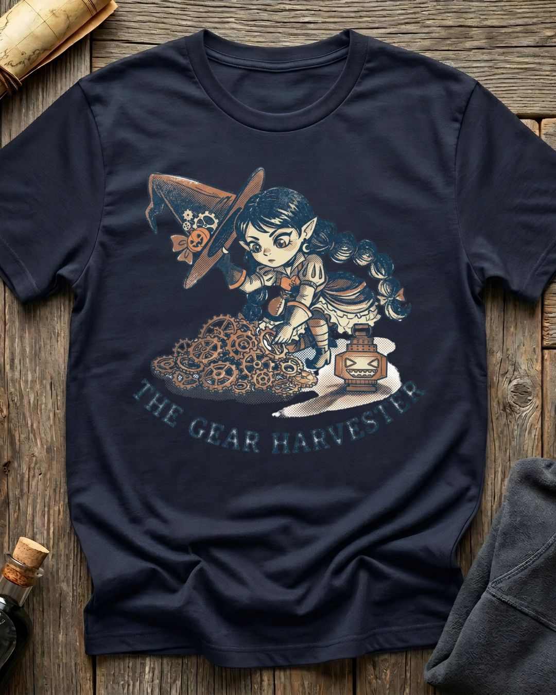 Navy t-shirt featuring the Great Harvester design with Sprocket the gnome