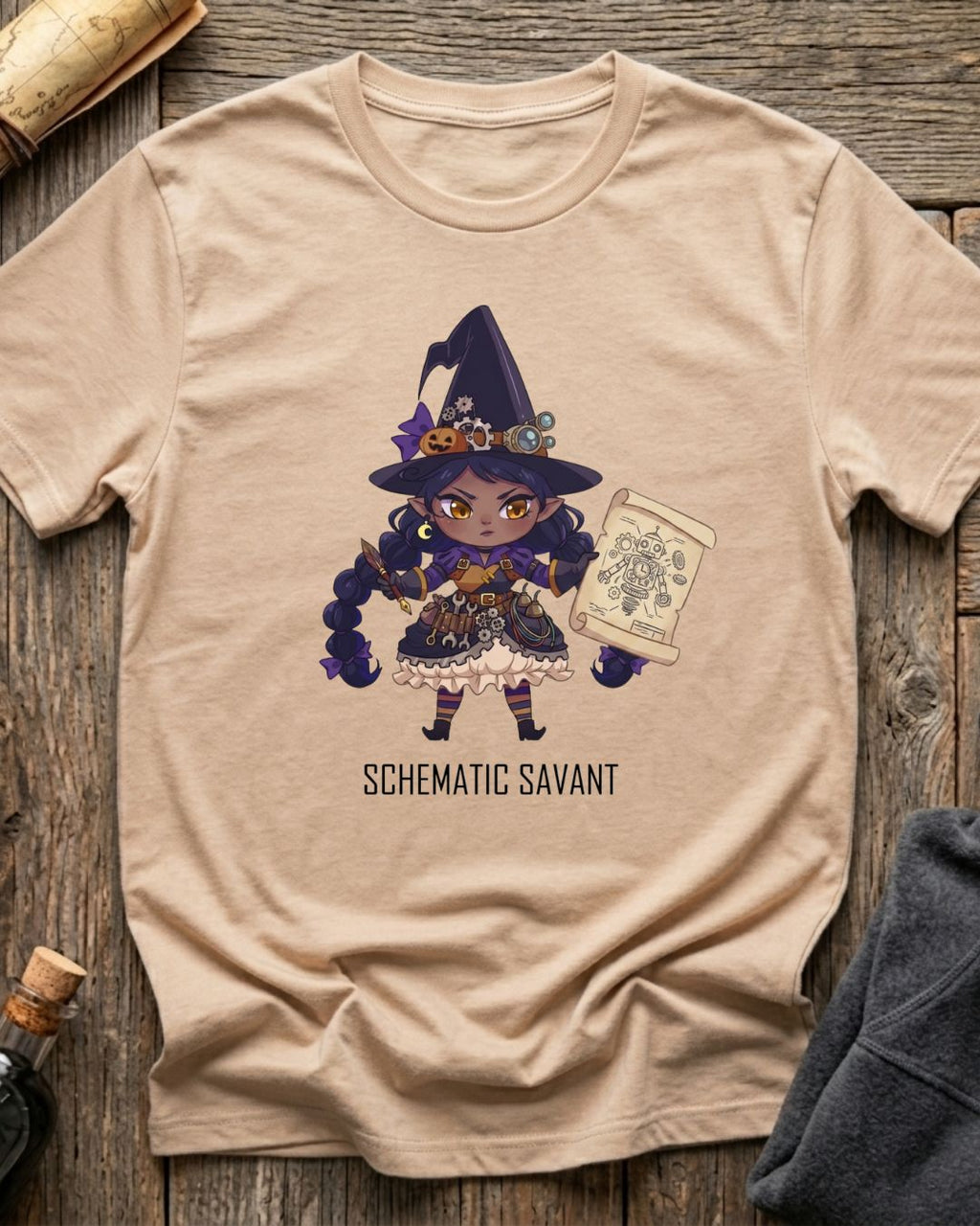 Soft Cream t-shirt featuring the Schematic Savant blueprint design with Sprocket the gnome