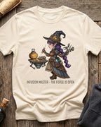 Vintage White t-shirt featuring the Infusion Master design with Sprocket the gnome