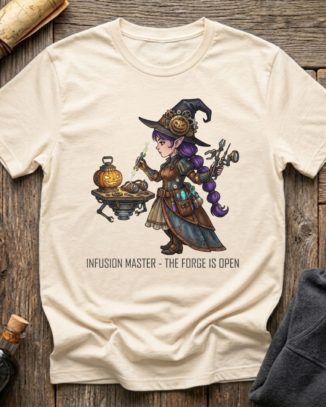 Vintage White t-shirt featuring the Infusion Master design with Sprocket the gnome