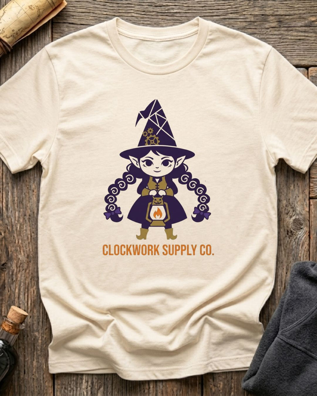 Vintage White t-shirt featuring the Clockwork Supply Co. design with Sprocket the gnome