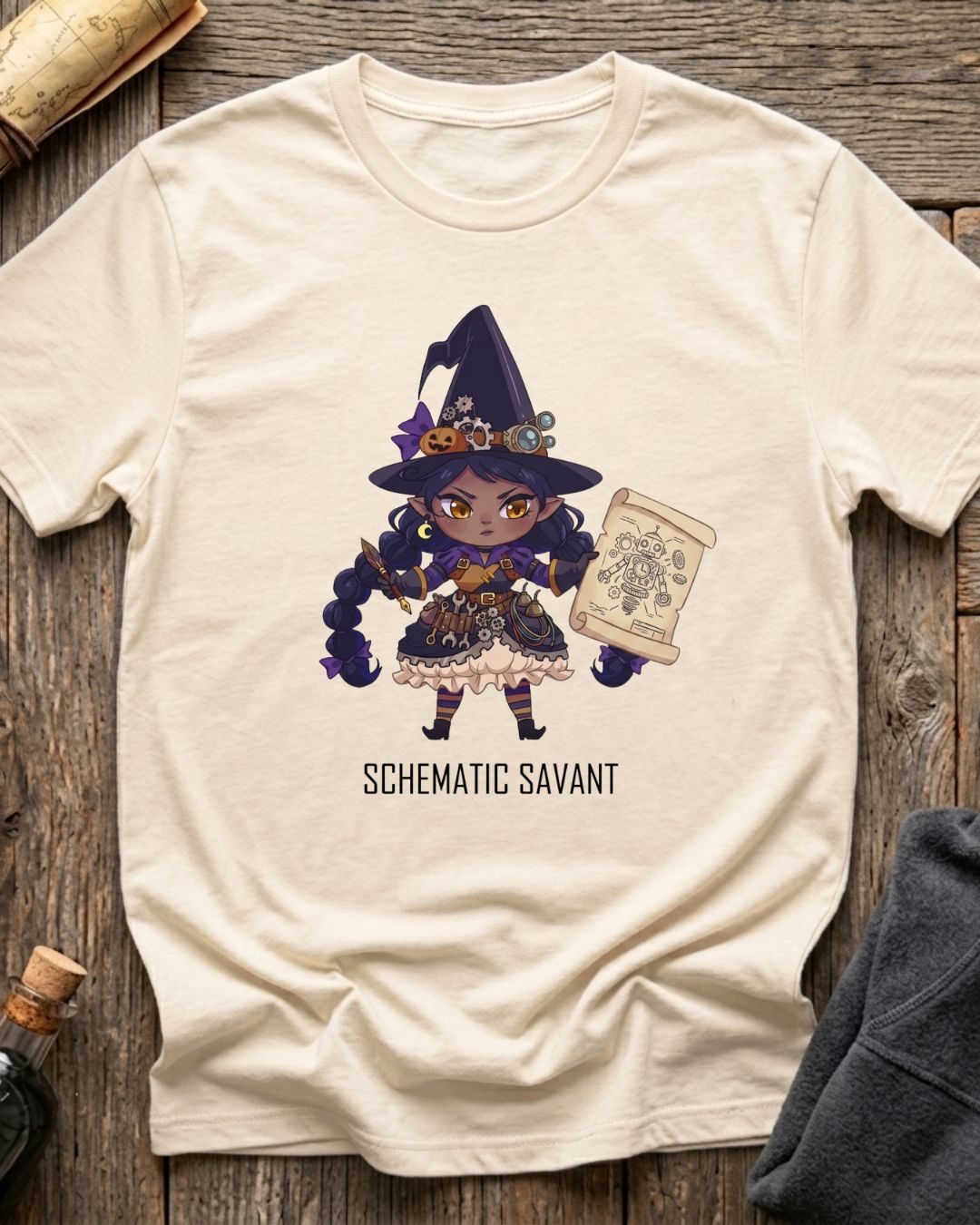 Vintage White t-shirt featuring the Schematic Savant blueprint design with Sprocket the gnome