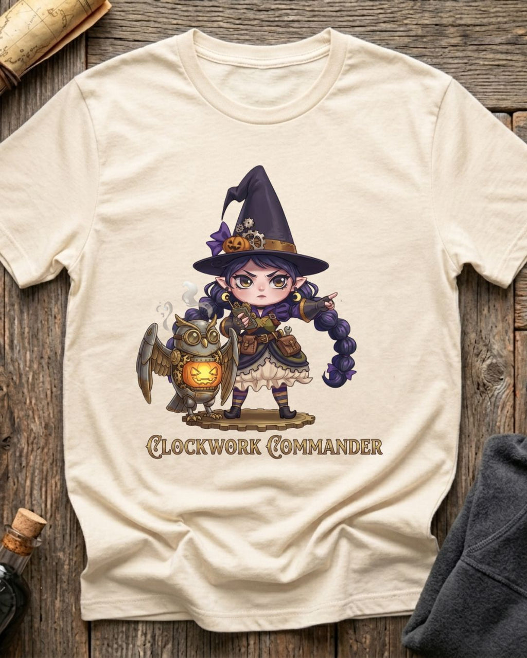 Vintage White t-shirt featuring the Clockwork Commander design with Sprocket the gnome