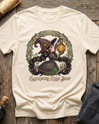Vintage White t-shirt featuring the Clockwork Curio design with Sprocket the gnome