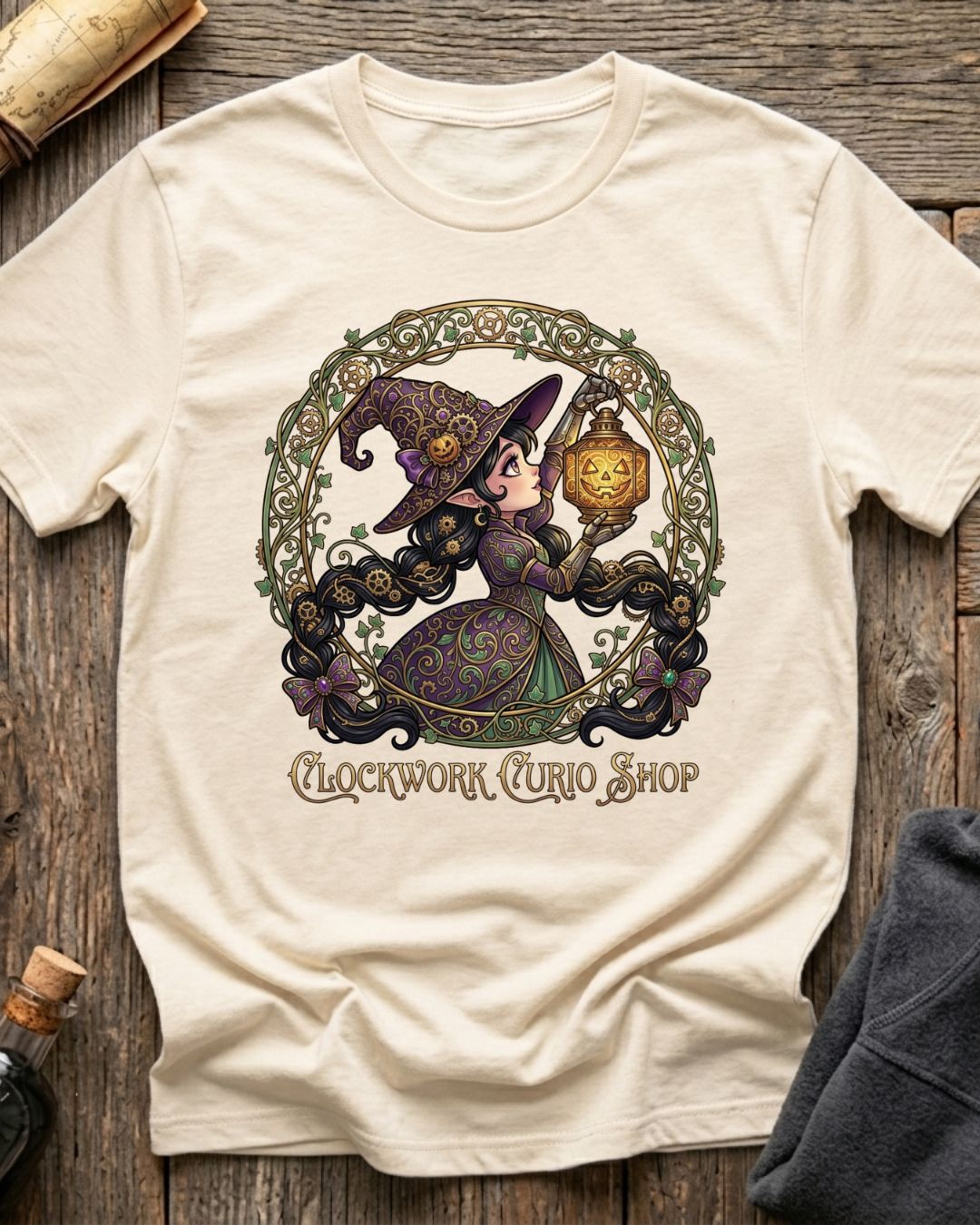 Vintage White t-shirt featuring the Clockwork Curio design with Sprocket the gnome