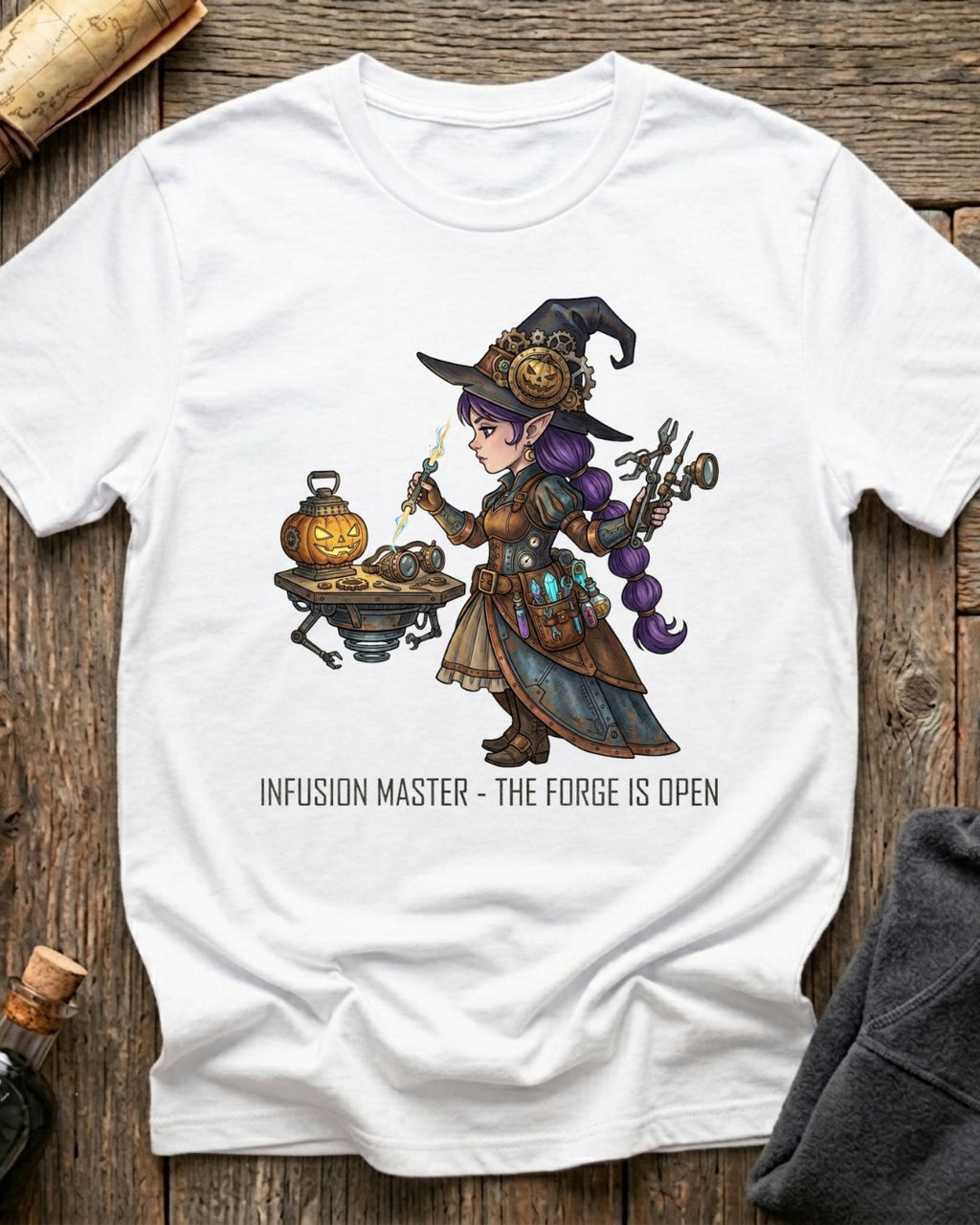 White t-shirt featuring the Infusion Master design with Sprocket the gnome