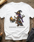 White t-shirt featuring the Infusion Master design with Sprocket the gnome