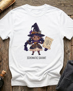 White t-shirt featuring the Schematic Savant blueprint design with Sprocket the gnome