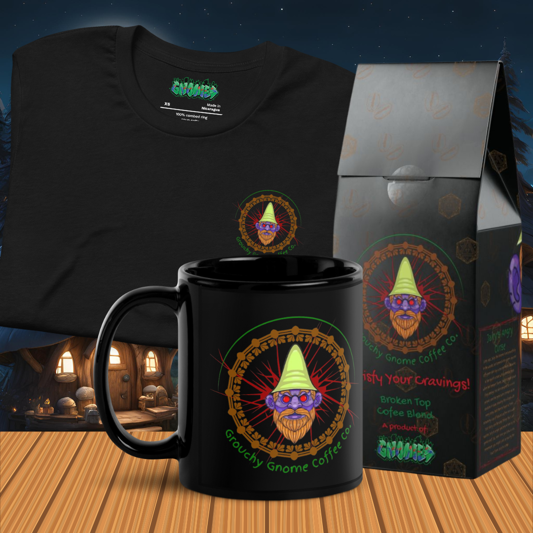 Grouchy Gnome Coffee Bundle – T-Shirt, Mug & Coffee Blend