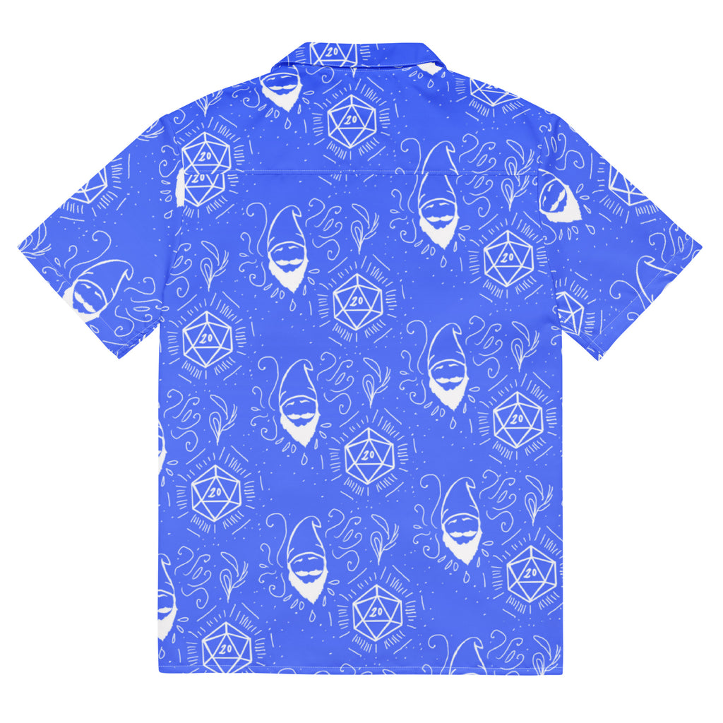 Blue Random Encounter button-up shirt back view