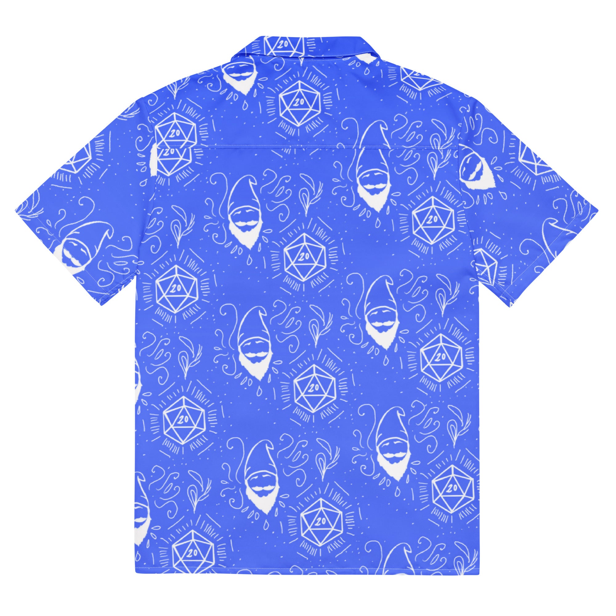Blue Random Encounter button-up shirt back view
