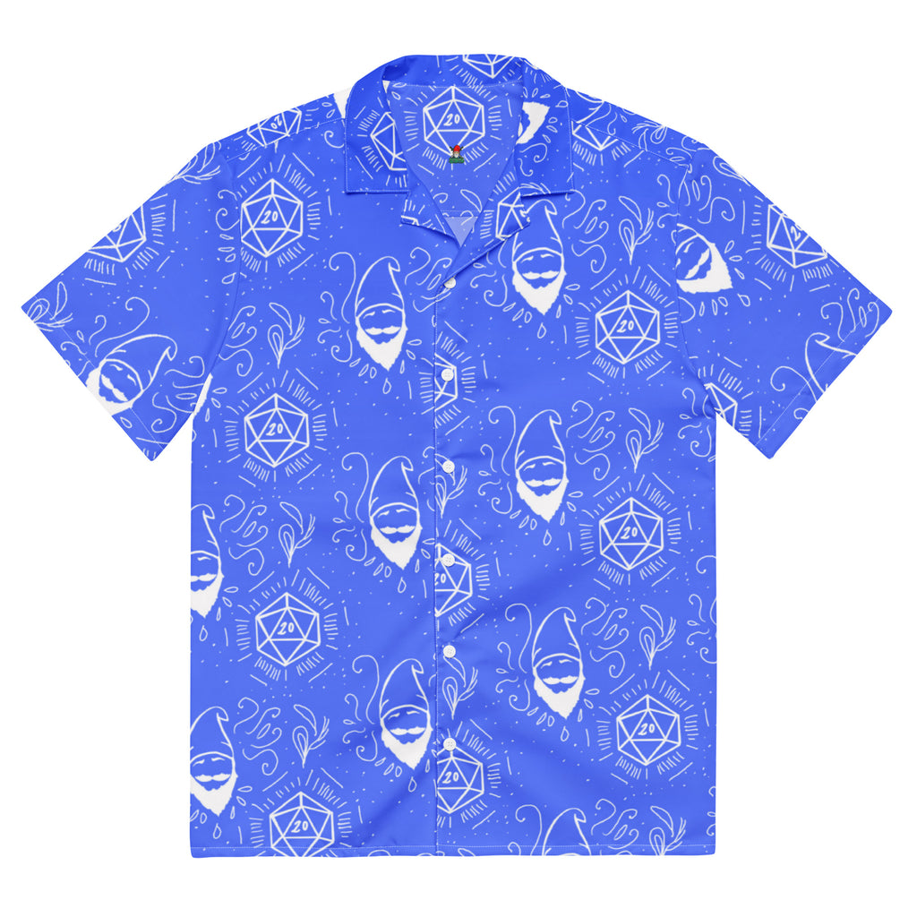 Blue Random Encounter button-up shirt front view