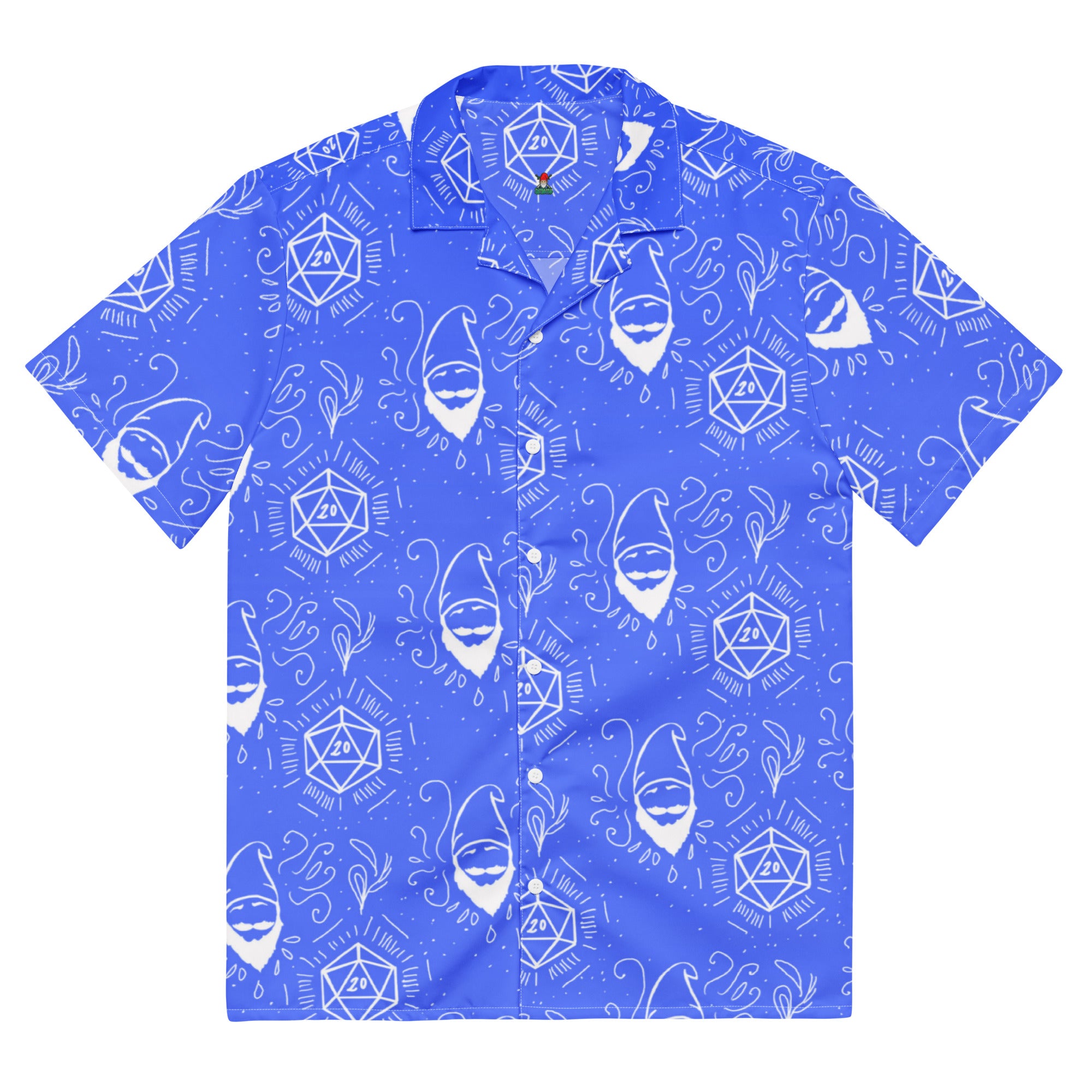 Blue Random Encounter button-up shirt front view
